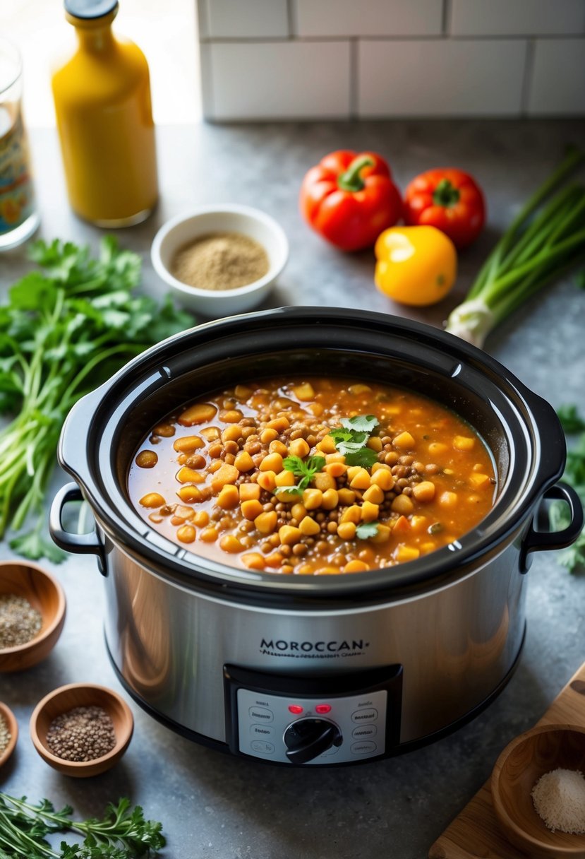 A slow cooker filled with Moroccan chickpea and lentil soup simmering on a kitchen counter. Ingredients like vegetables, herbs, and spices are arranged nearby