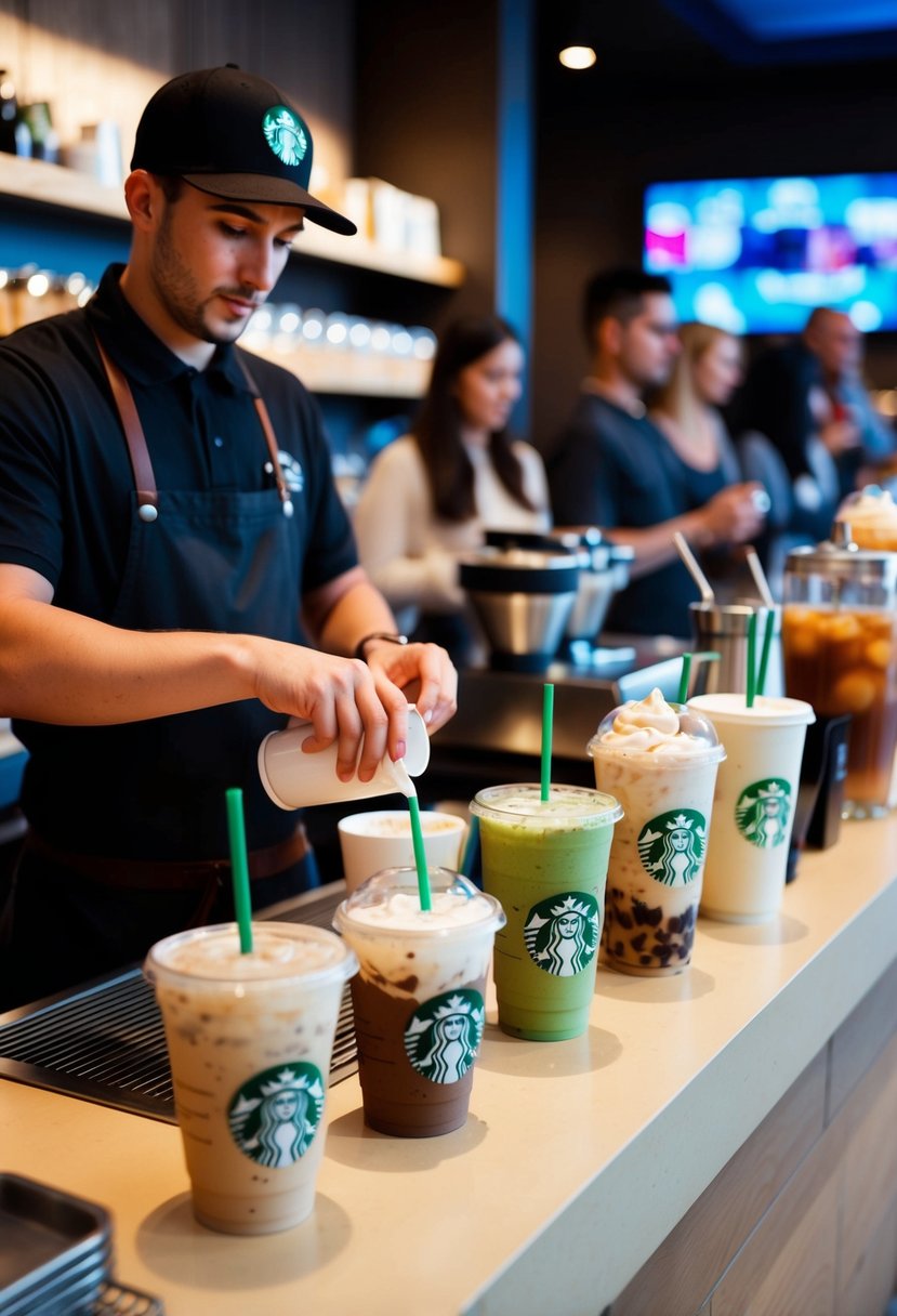 A barista prepares a variety of Starbucks drinks, including frappuccinos, lattes, and iced teas, while customers wait in line