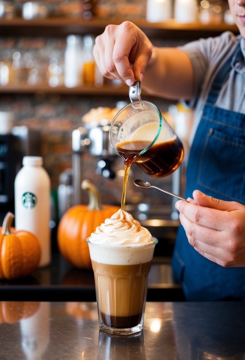 A barista prepares a Pumpkin Spice Latte at Starbucks, steaming milk and adding syrup to a shot of espresso, then topping it with whipped cream and a sprinkle of cinnamon