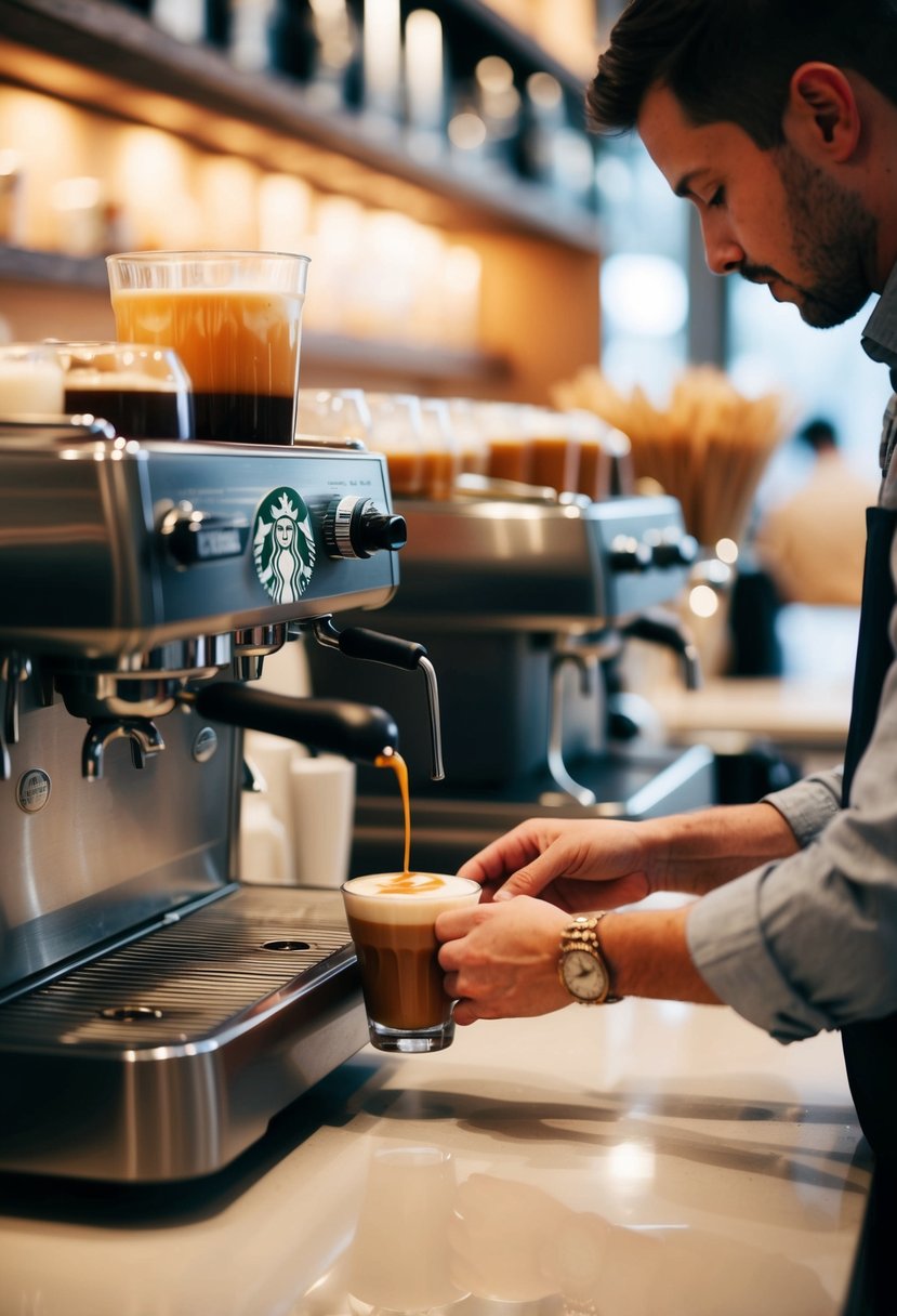 A barista prepares a caramel macchiato at a bustling Starbucks counter. Steam rises from the espresso machine as they carefully drizzle caramel syrup over the creamy foam