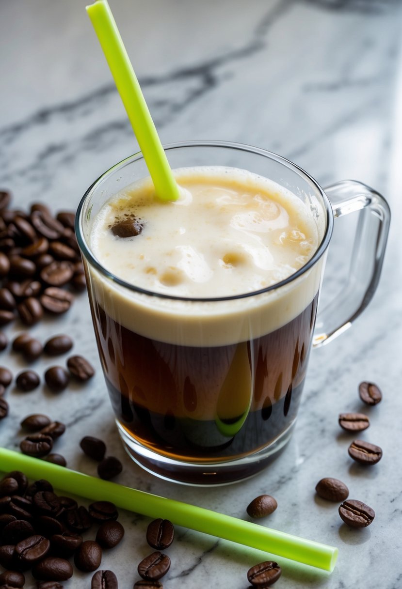 A clear cup filled with Vanilla Sweet Cream Cold Brew sits on a marble table, surrounded by coffee beans and a green straw