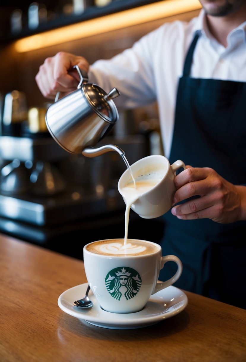 A barista prepares a chai tea latte at Starbucks, pouring steamed milk into a cup of spiced tea