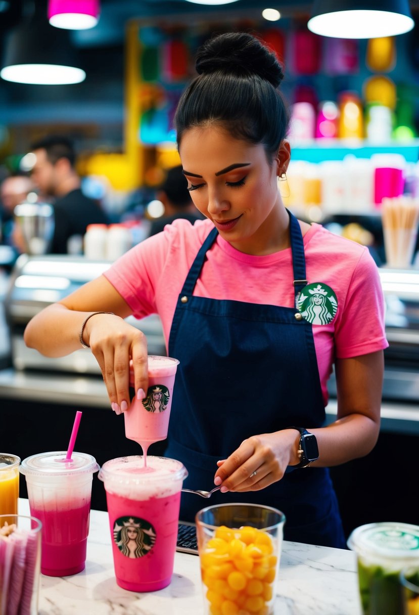 A barista preparing a Pink Drink at Starbucks, surrounded by colorful ingredients and a vibrant, inviting atmosphere