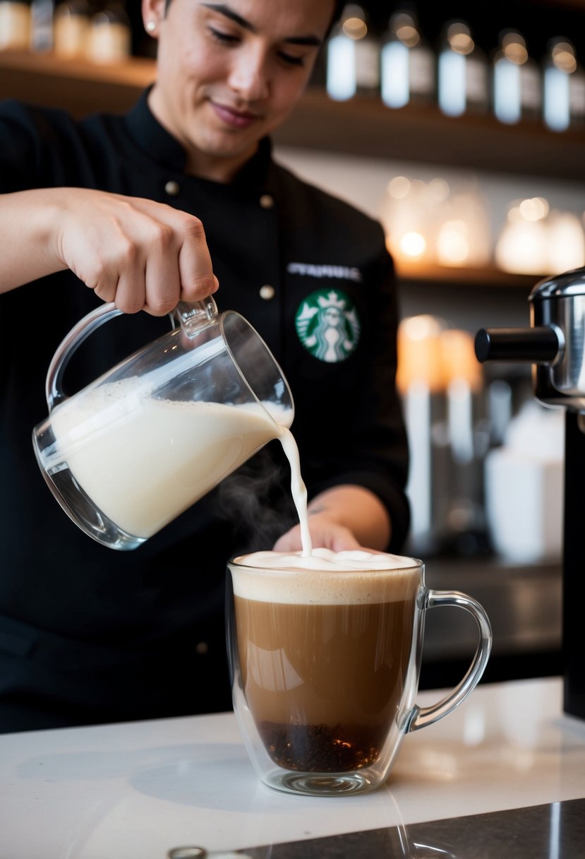 A barista prepares a London Fog Tea Latte at Starbucks, steaming milk and pouring it over brewed Earl Grey tea in a clear glass mug