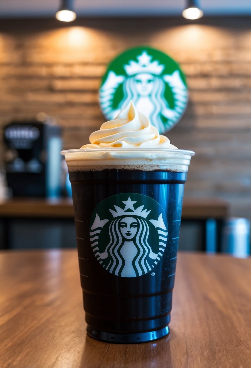 A clear plastic cup filled with dark Nitro Cold Brew topped with a layer of creamy sweet cream, sitting on a wooden table with a Starbucks logo in the background