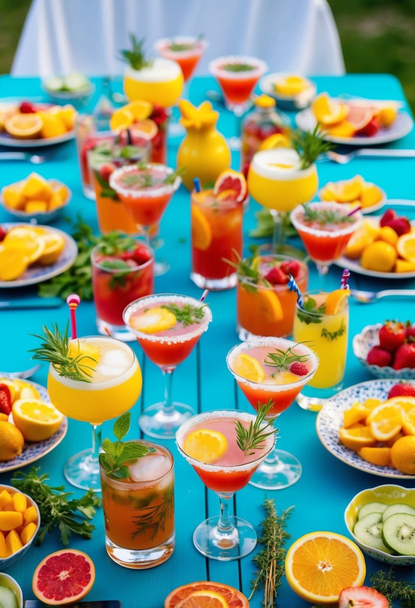 A colorful array of summer cocktails arranged on a vibrant outdoor table, surrounded by fresh fruits, herbs, and decorative glassware