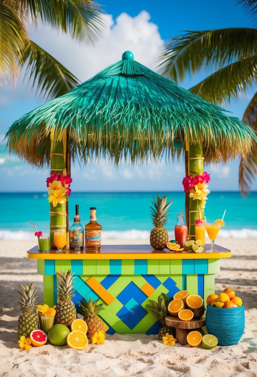 A tropical beach setting with a colorful tiki bar, fresh fruit, and a variety of cocktail ingredients displayed