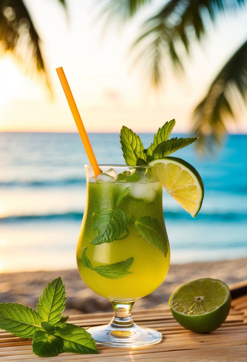 A refreshing mojito cocktail served on a tropical beach with mint leaves and lime slices