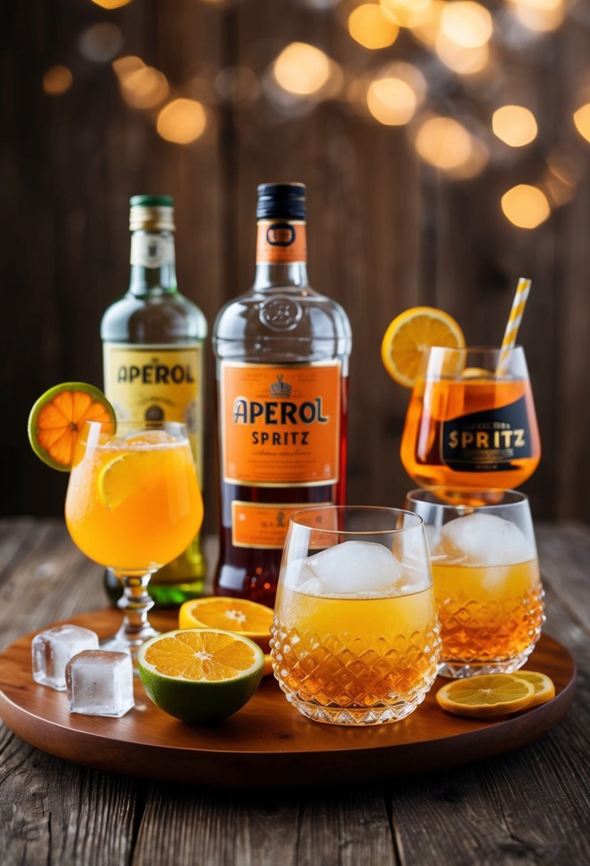 Aperol Spritz ingredients arranged on a wooden table with citrus fruits and ice