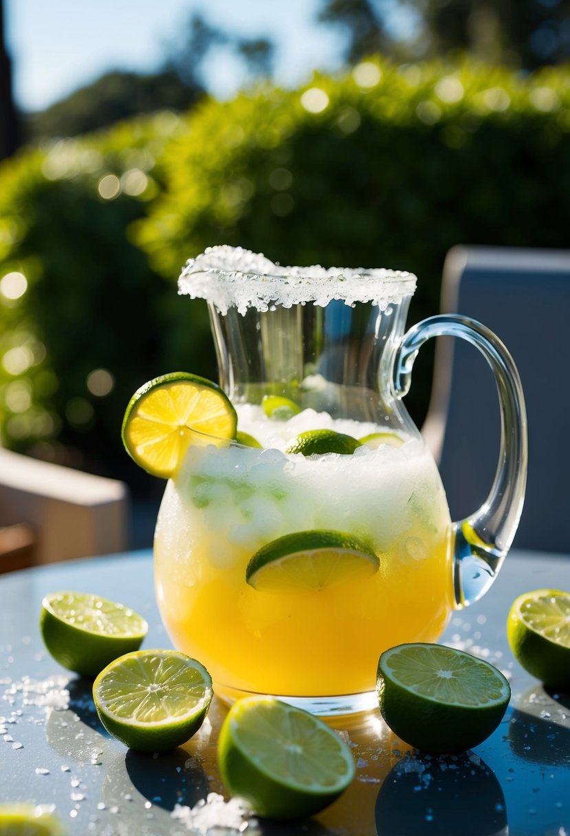 A glass pitcher filled with frozen margaritas surrounded by limes and salt on a sunlit patio table