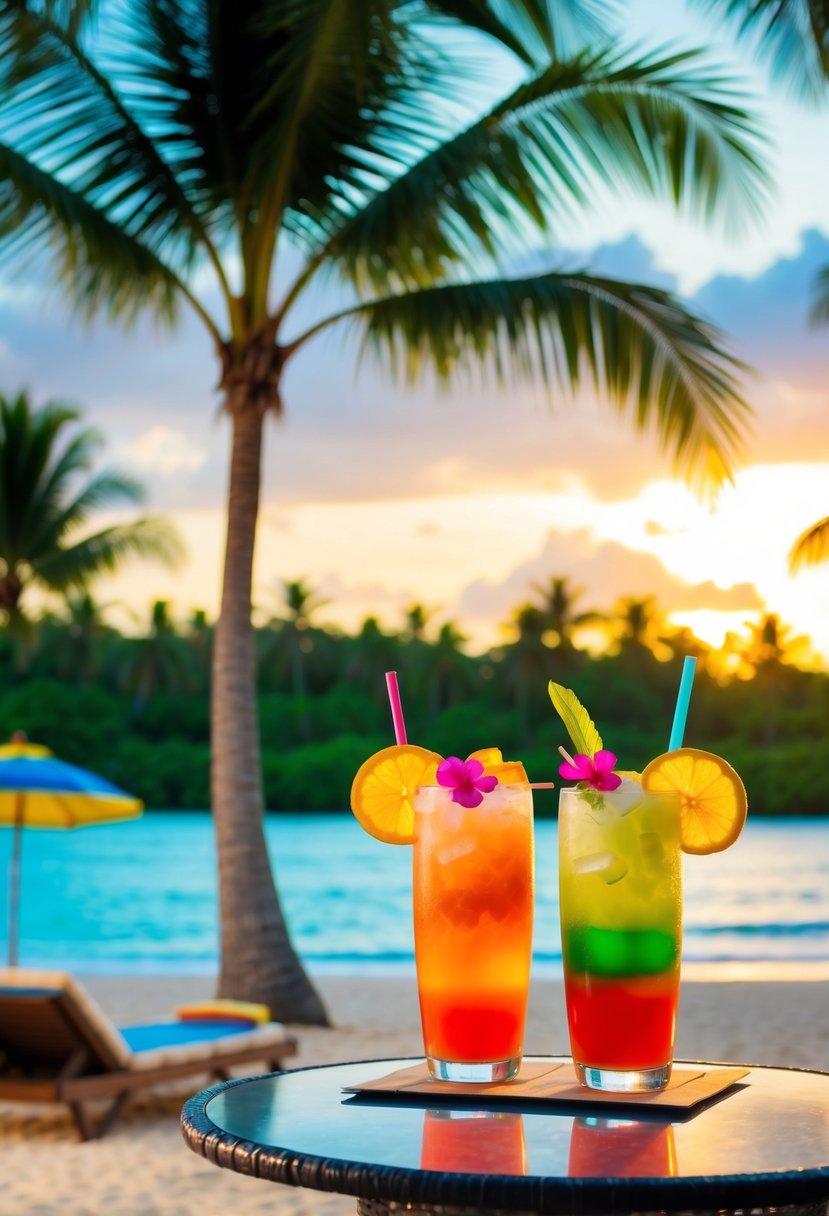 A tropical beach setting with two colorful cocktails on a table, surrounded by palm trees and a beautiful sunset in the background