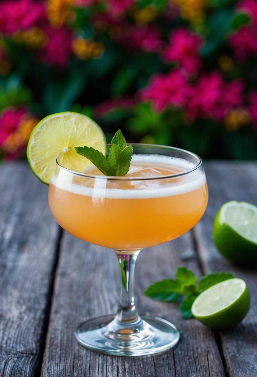 A tamarind-mezcal sour cocktail sits on a rustic wooden table, garnished with a slice of lime and a sprig of fresh mint, with a backdrop of vibrant summer foliage