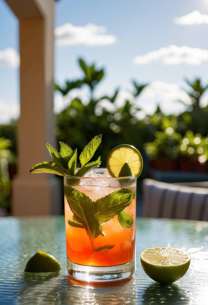 A refreshing Campari Mojito being garnished with mint and lime on a sunlit patio table