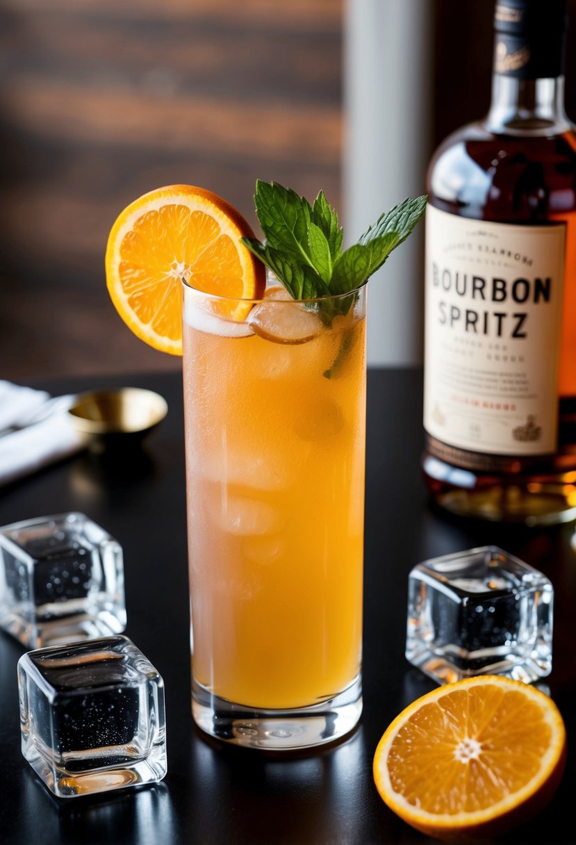 A table setting with a tall glass filled with a refreshing Bourbon Spritz cocktail, garnished with a slice of orange and a sprig of fresh mint, surrounded by ice cubes and a bottle of bourbon