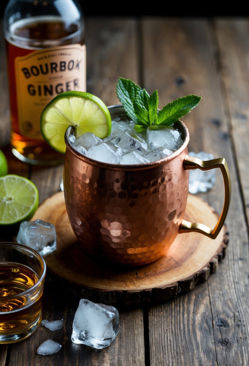 A rustic wooden table with a copper mug filled with a Kentucky Mule cocktail, garnished with a lime wedge and sprig of fresh mint, surrounded by crushed ice and ingredients like bourbon, ginger beer, and simple syrup