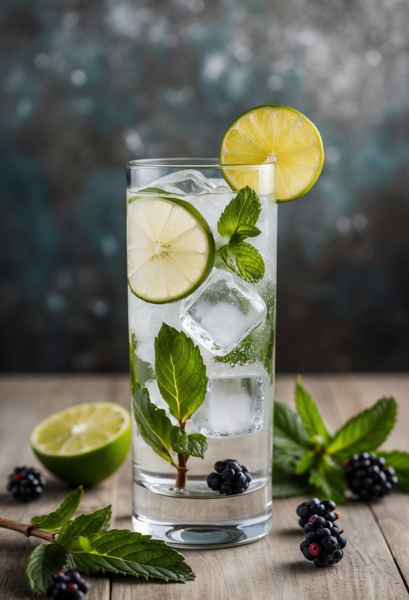 A tall glass filled with clear liquid, ice cubes, and a slice of lime, surrounded by fresh mint leaves and a scattering of juniper berries