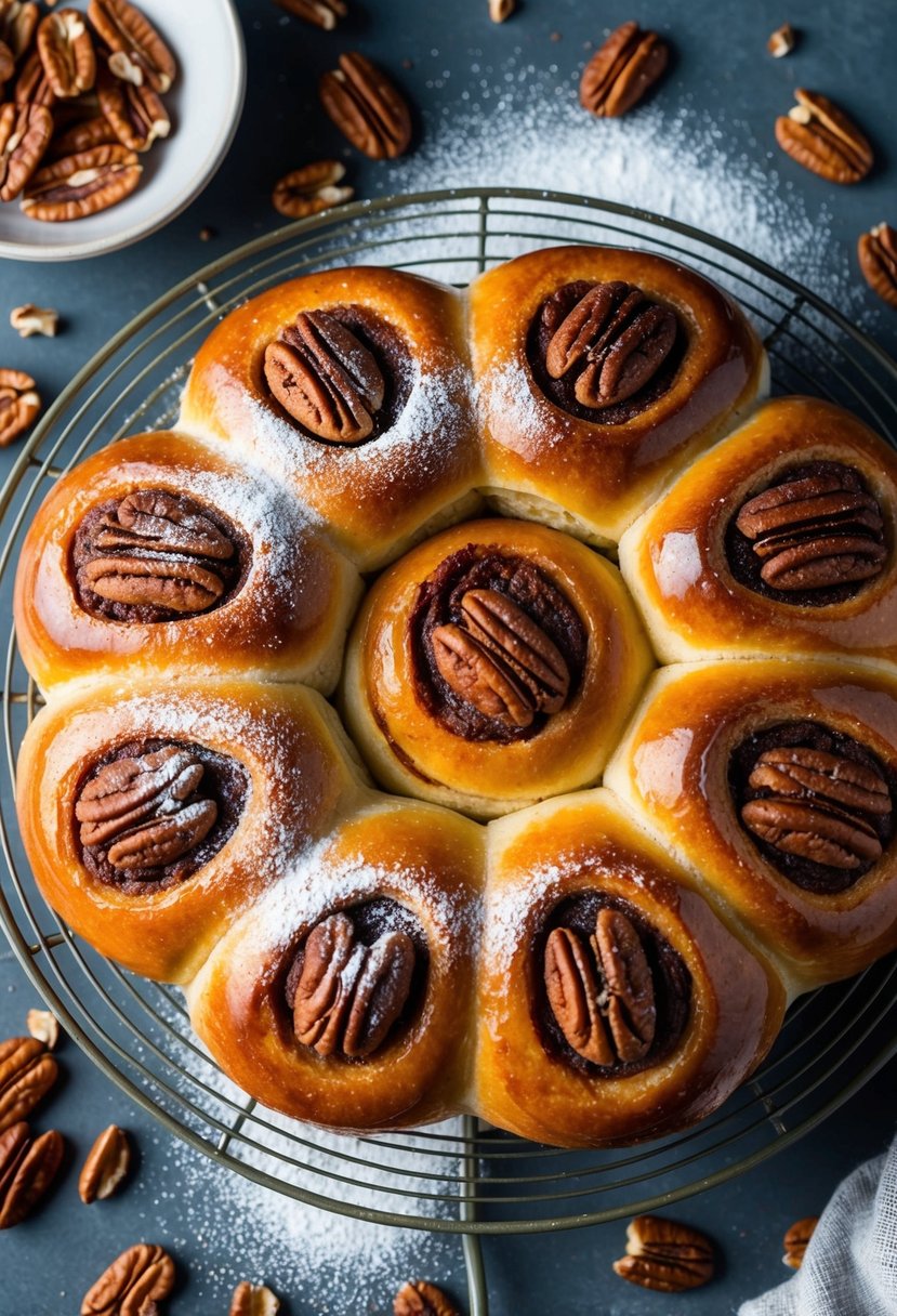 A warm, golden tray of Gooey Cinnamon-Pecan Buns cooling on a wire rack, surrounded by scattered pecans and a dusting of powdered sugar