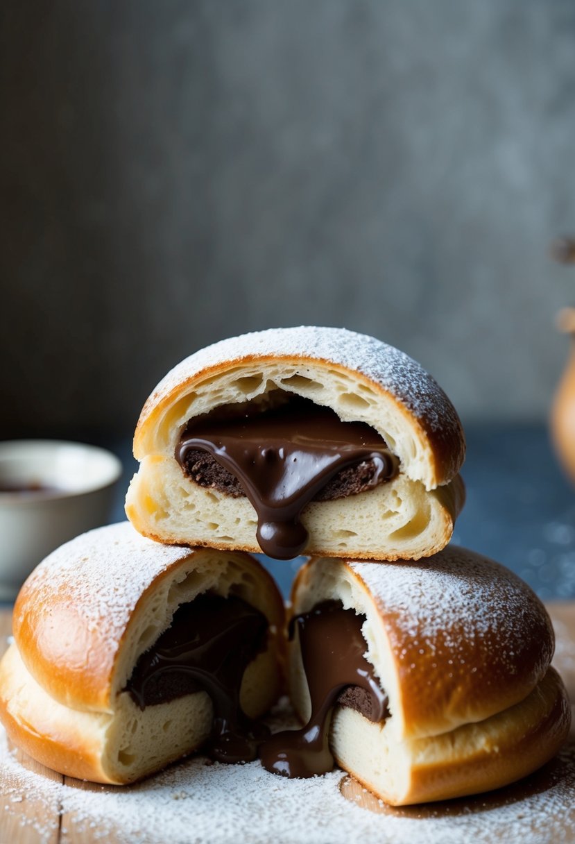 A golden-brown brioche split open to reveal a rich, velvety chocolate cream filling oozing out, topped with a dusting of powdered sugar