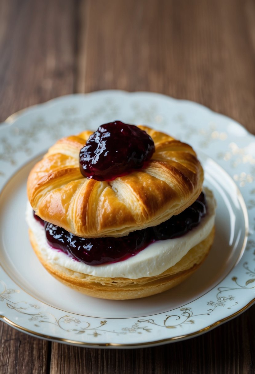 A golden puff pastry filled with cream cheese and topped with a dollop of jam, sitting on a delicate plate