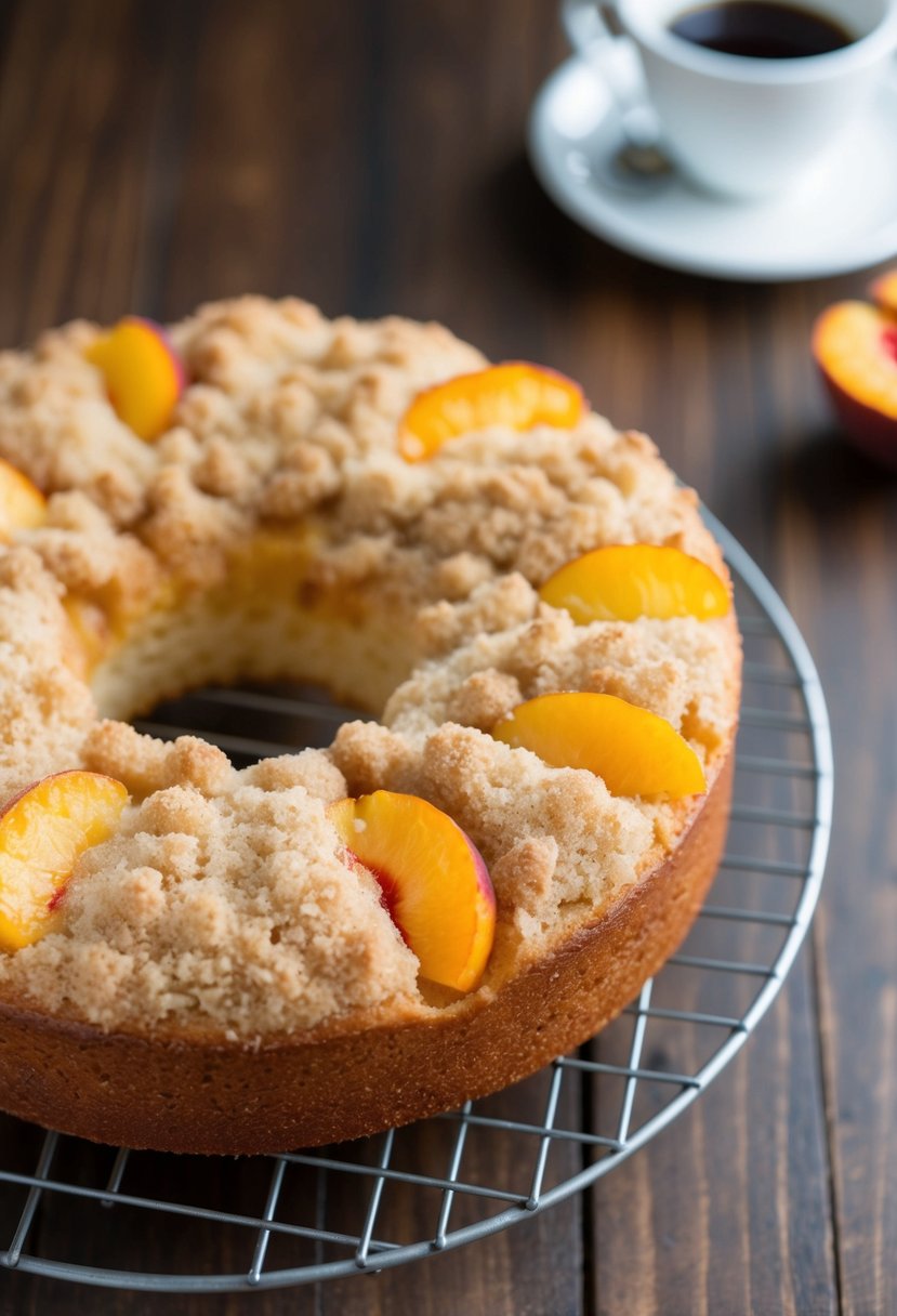 A freshly baked peach coffee cake with crumb topping cooling on a wire rack