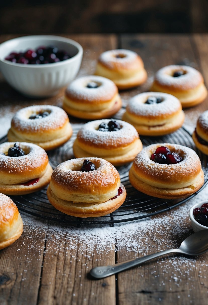 A rustic kitchen table displays a fresh batch of golden-brown Danish pastries, sprinkled with powdered sugar and filled with fruit compote