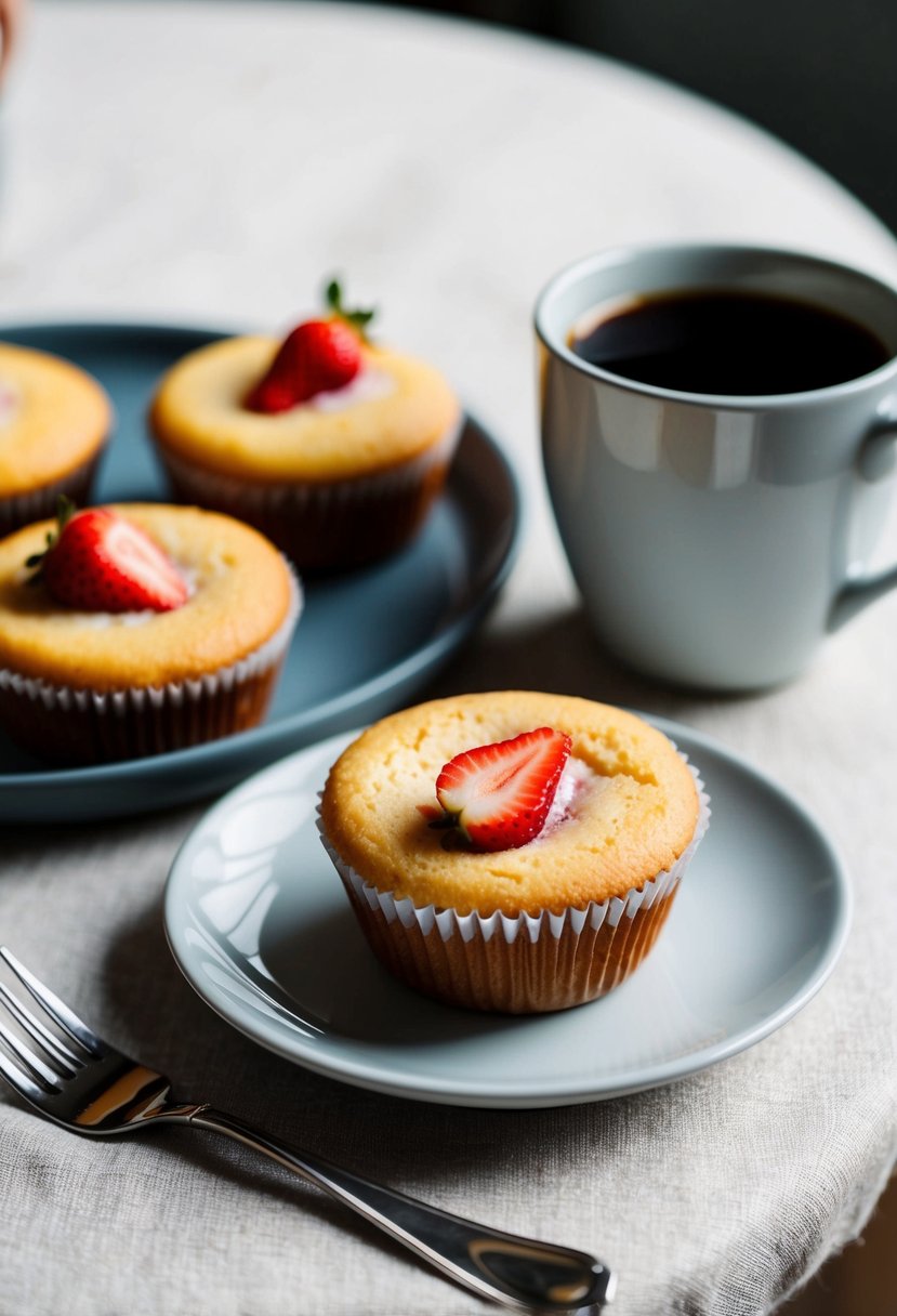 A table set with freshly baked strawberry cheesecake muffins and a pot of hot coffee