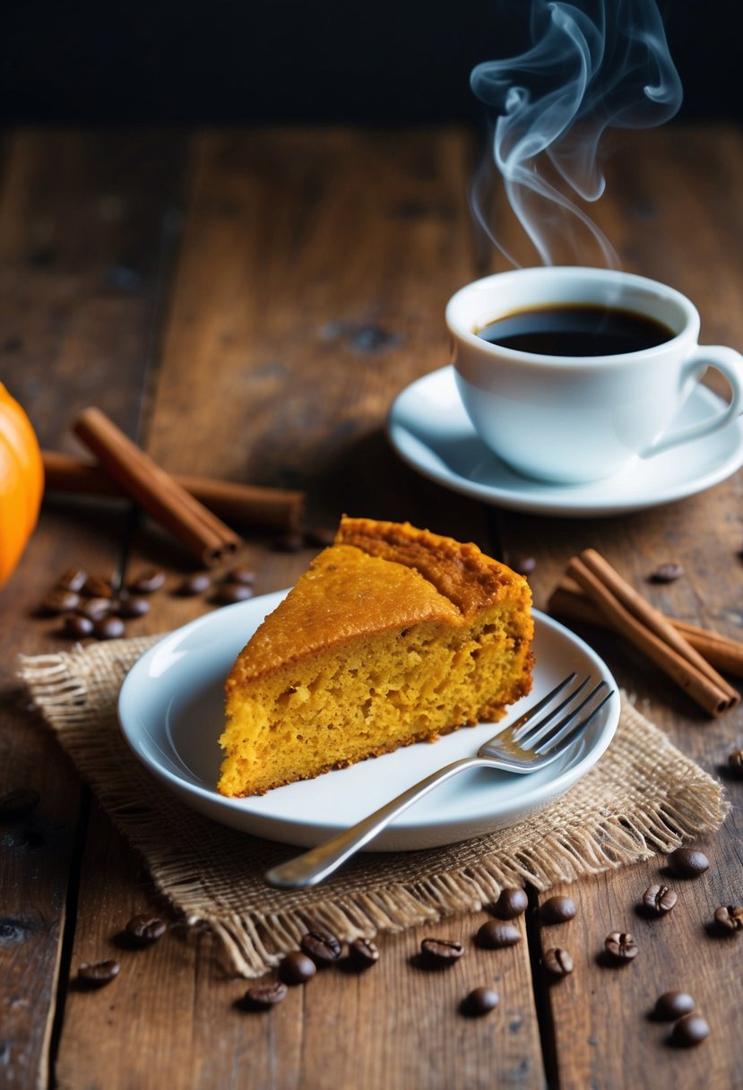 A warm slice of pumpkin coffee cake sits on a rustic wooden table, surrounded by scattered cinnamon sticks and a steaming cup of coffee