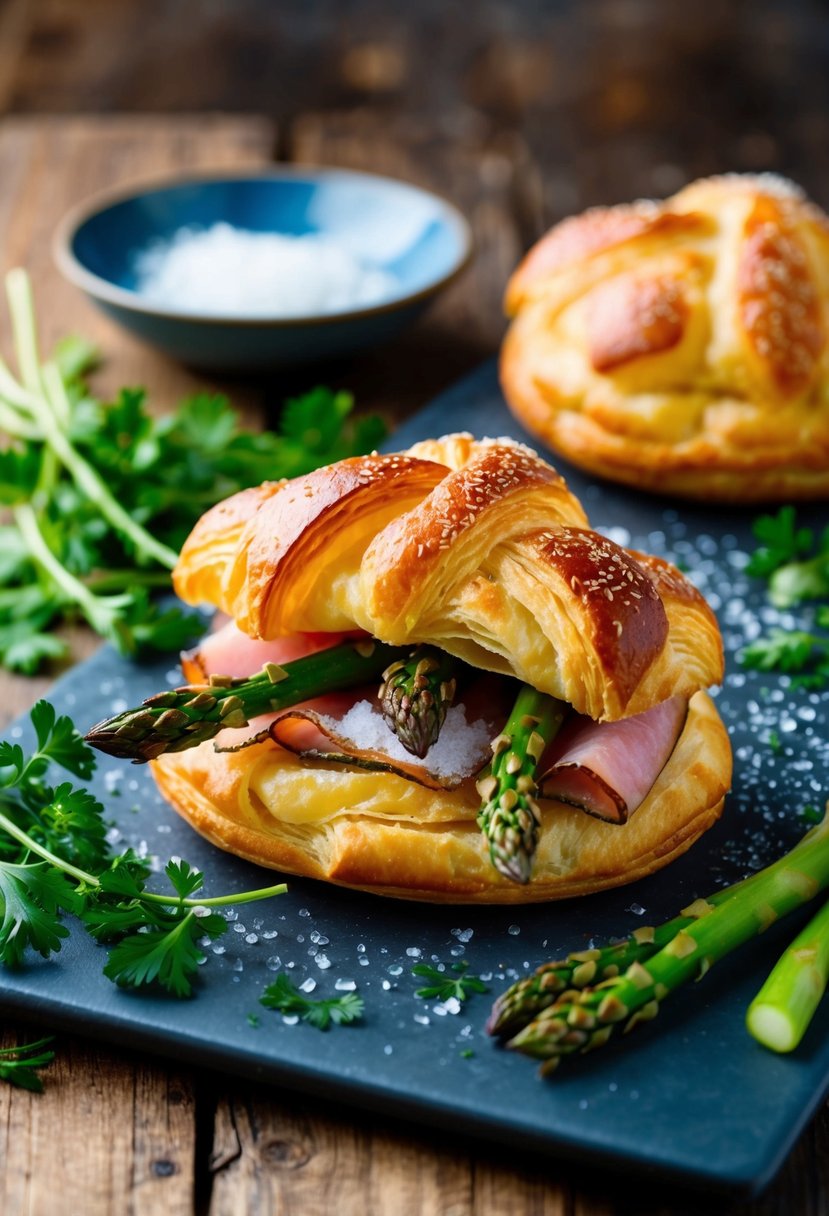 A golden-brown puff pastry filled with savory ham and asparagus, surrounded by fresh herbs and a sprinkle of sea salt