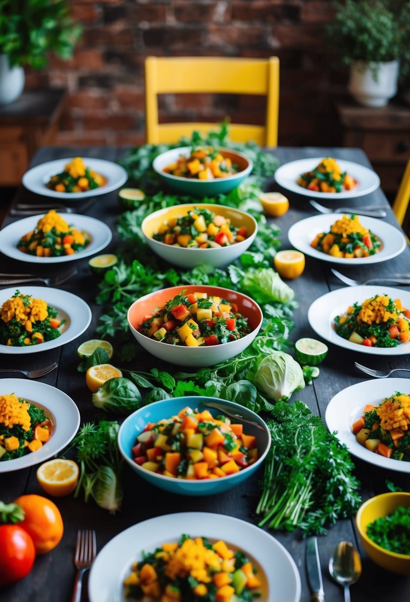 A table set with colorful, vegetable-filled dishes, surrounded by fresh produce and herbs