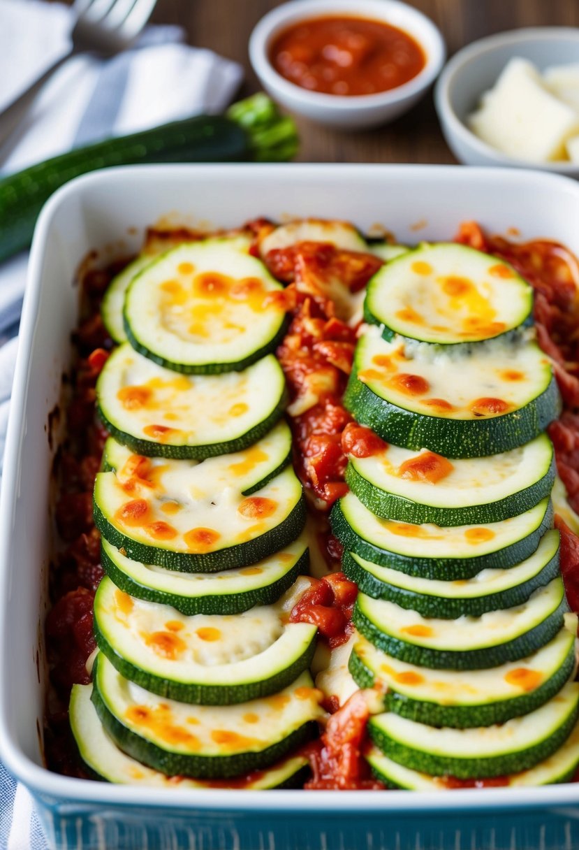 A colorful array of sliced zucchini, layered with marinara sauce and melted cheese, sits in a baking dish, ready to be served as a low-carb vegetarian zucchini lasagna for dinner