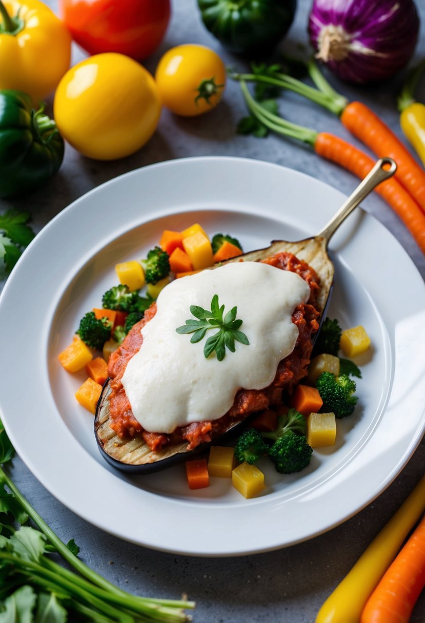 A plate of eggplant parmesan surrounded by colorful low-carb vegetables on a dinner table