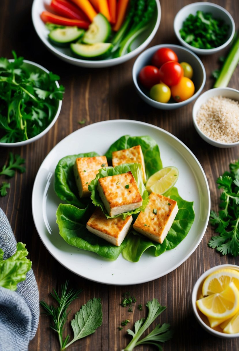 A plate of tofu lettuce wraps surrounded by fresh vegetables and herbs on a wooden table