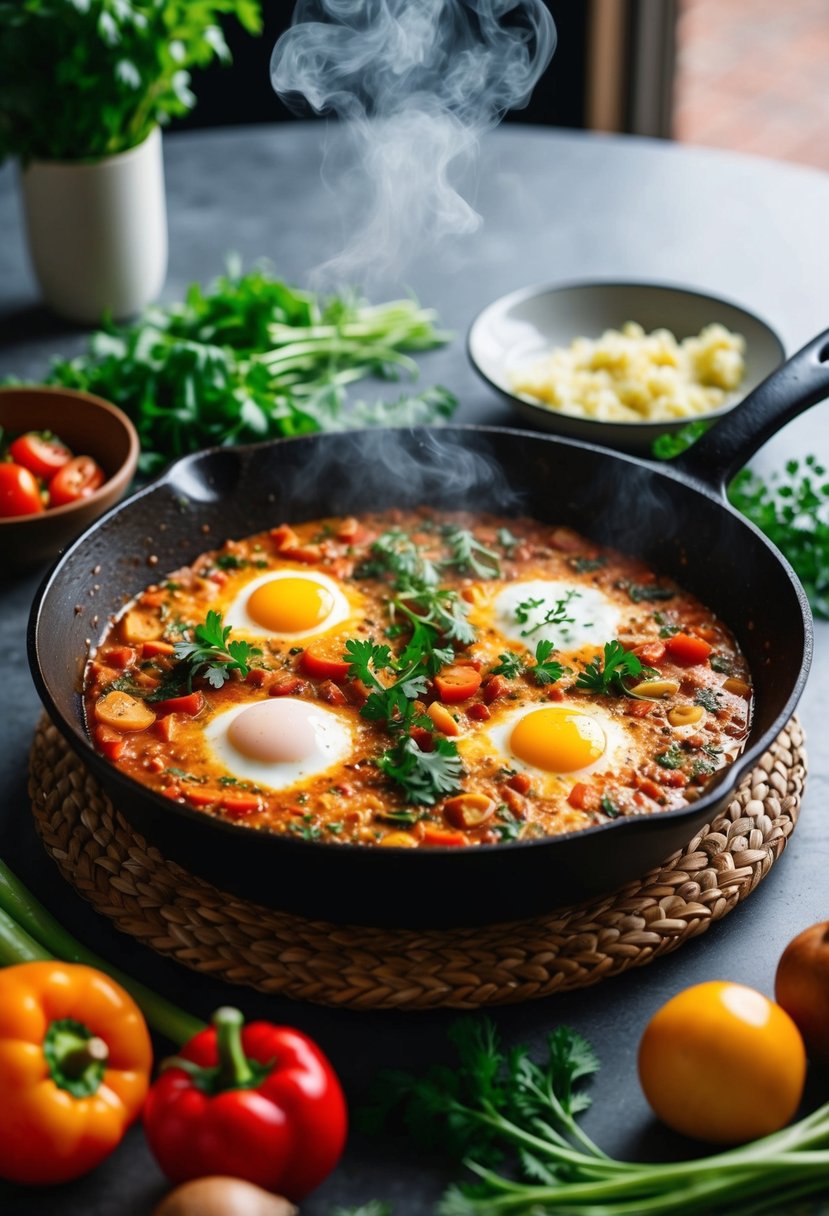 A table set with a steaming skillet of shakshuka surrounded by fresh vegetables and herbs