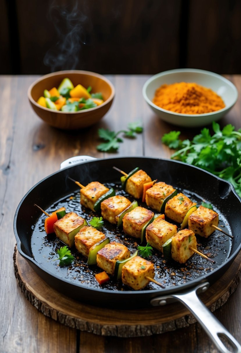 A sizzling skillet of paneer tikka kebabs with colorful vegetables and aromatic spices