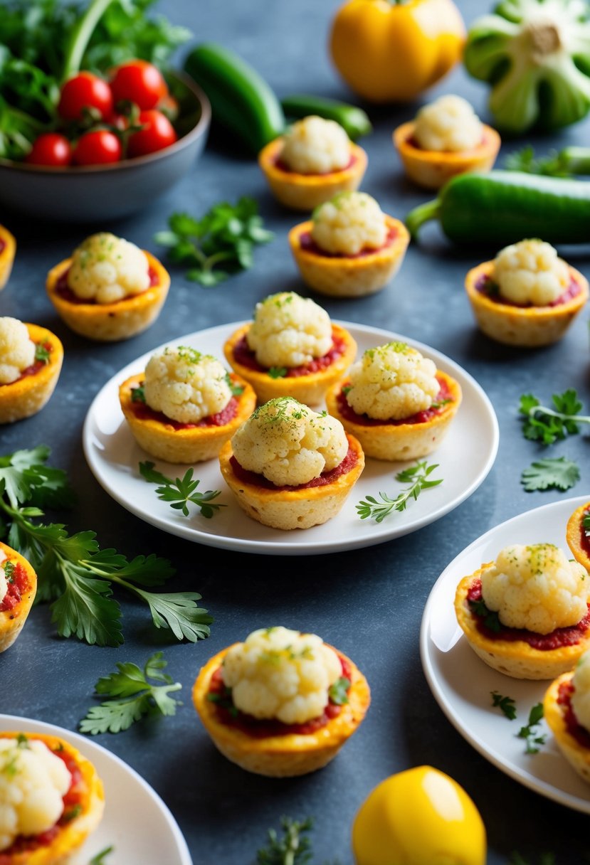 A table set with a colorful array of cauliflower pizza bites, surrounded by fresh vegetables and herbs