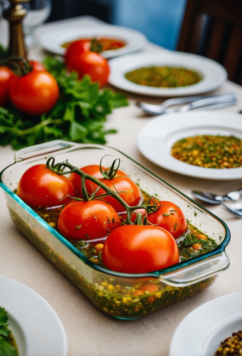 Fresh tomatoes soaking in a marinated blend of herbs and spices on a dinner table