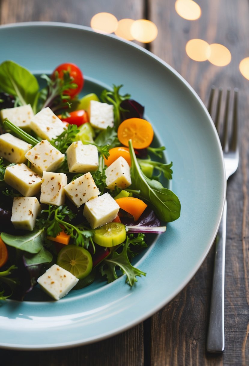 A colorful salad of torn halloumi, mixed greens, and fresh vegetables on a plate