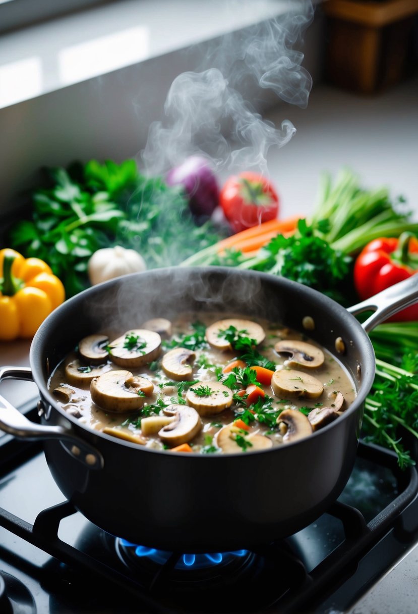 A steaming pot of mushroom stroganoff simmers on a stove, surrounded by fresh herbs and colorful vegetables