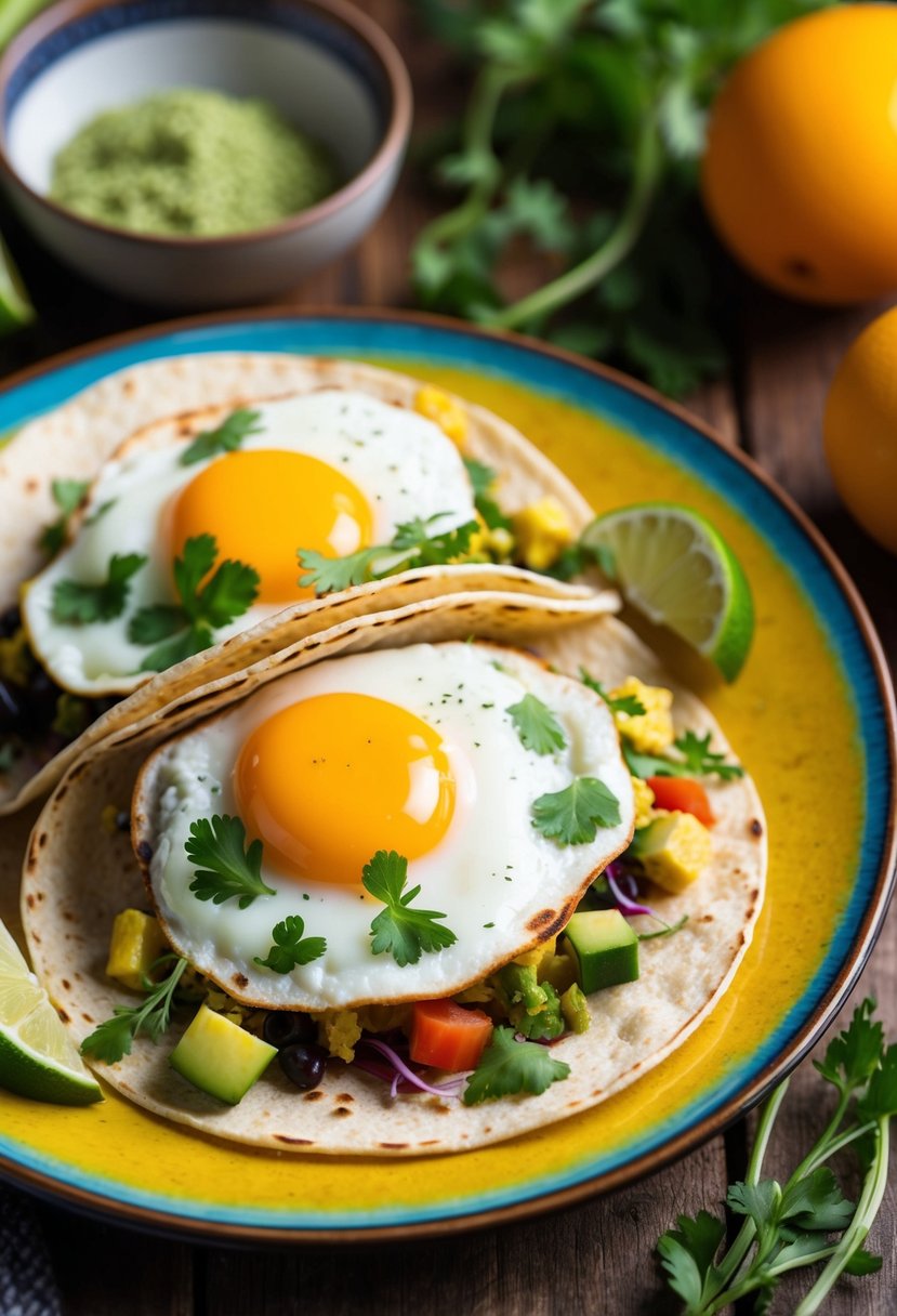 A colorful plate of egg tacos with low carb tortillas, surrounded by fresh vegetables and herbs, set on a rustic wooden table