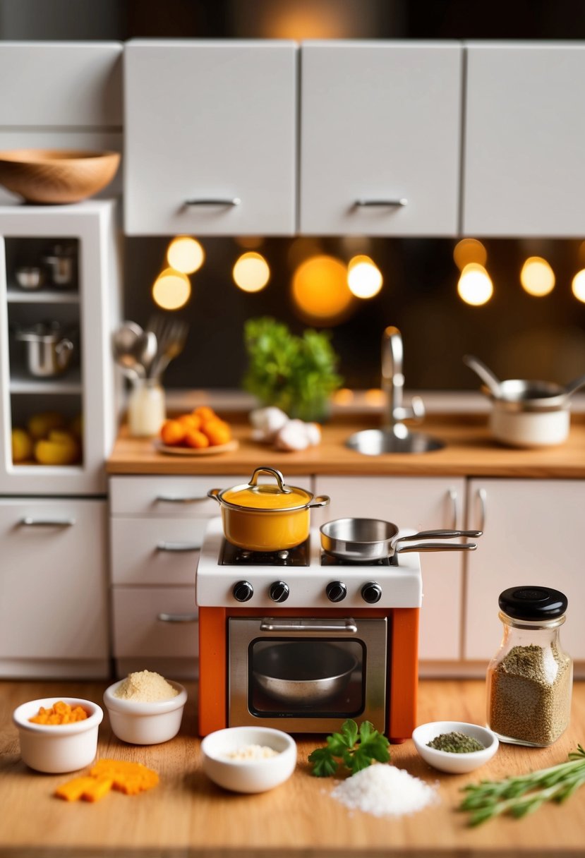 A miniature kitchen with tiny utensils and ingredients for cooking tiny food recipes