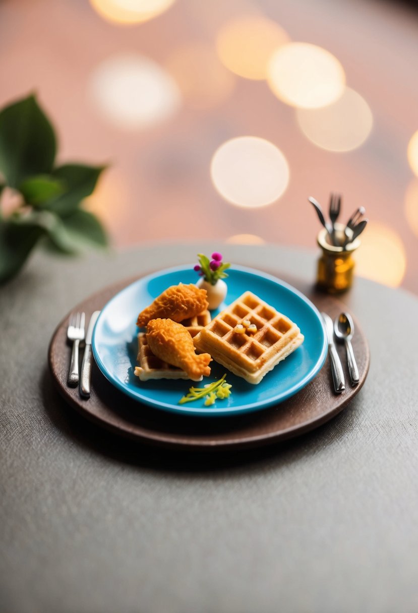 A miniature plate with tiny chicken and waffles, surrounded by tiny utensils and a decorative garnish