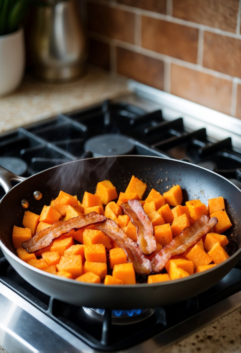 A sizzling skillet with diced sweet potatoes and bacon strips cooking together over a stove