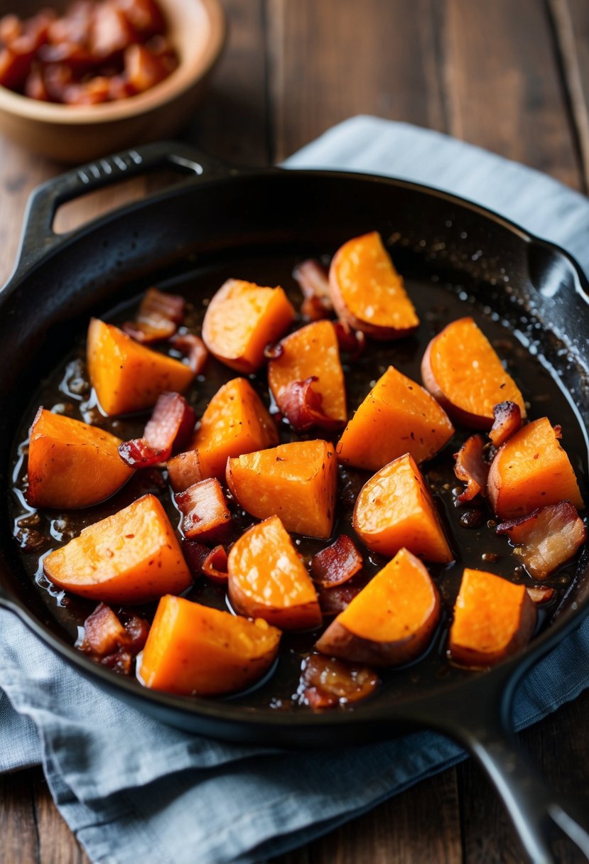 A skillet with sweet potatoes and bacon sizzling in a maple syrup glaze