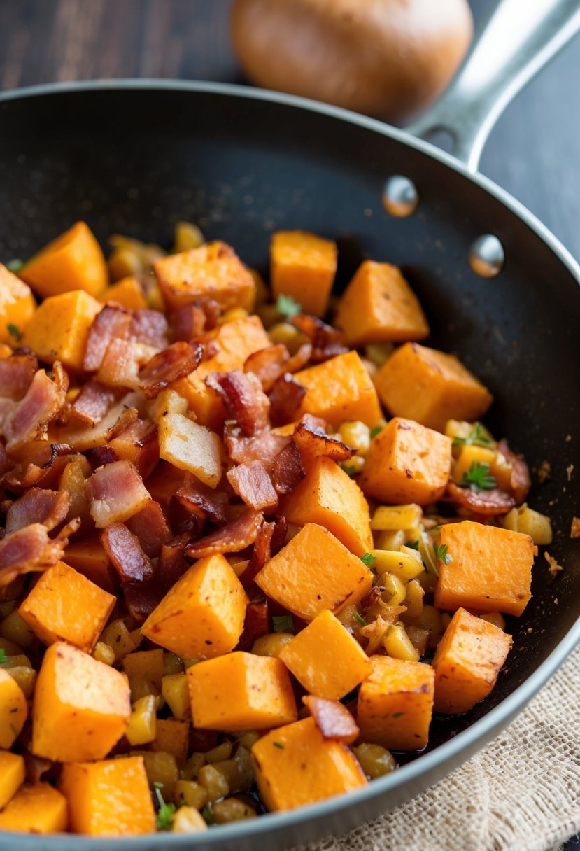 A sizzling skillet holds chunks of golden sweet potato and crispy bacon, mixed together in a flavorful breakfast hash