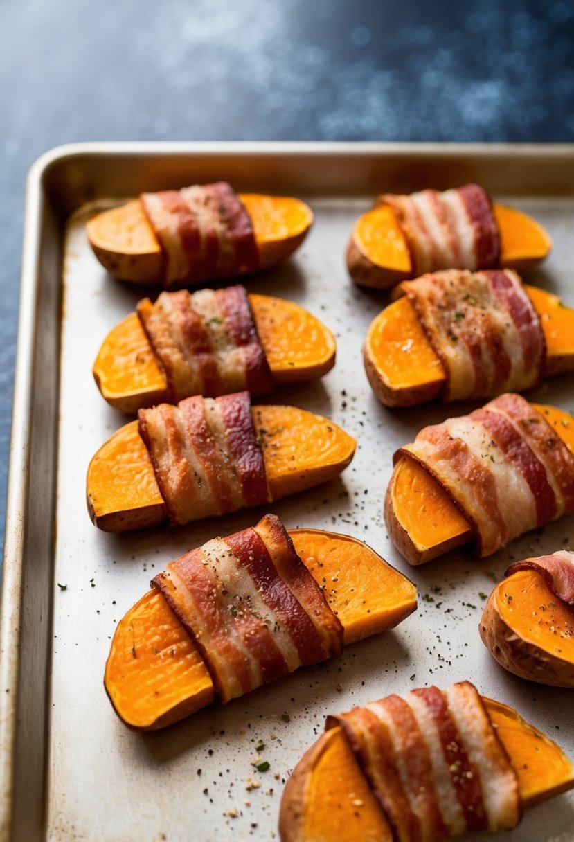 Sweet potato wedges wrapped in bacon, arranged on a baking sheet, with a sprinkle of seasoning