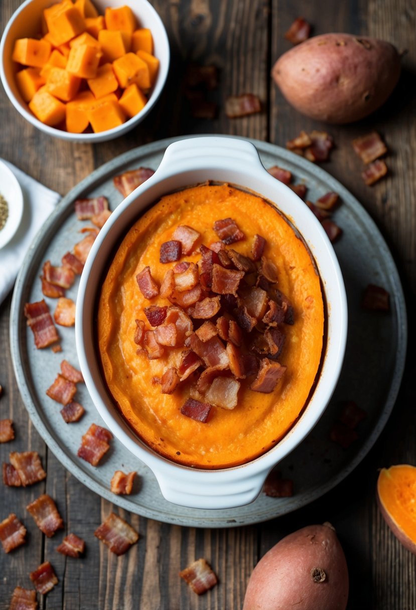 A rustic wooden table set with a steaming sweet potato casserole topped with crispy bacon bits, surrounded by scattered ingredients like sweet potatoes and bacon