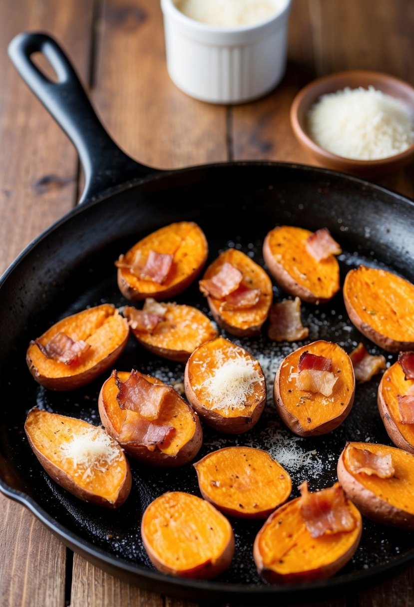 A sizzling skillet of roasted sweet potatoes, crispy bacon, and grated Parmesan cheese