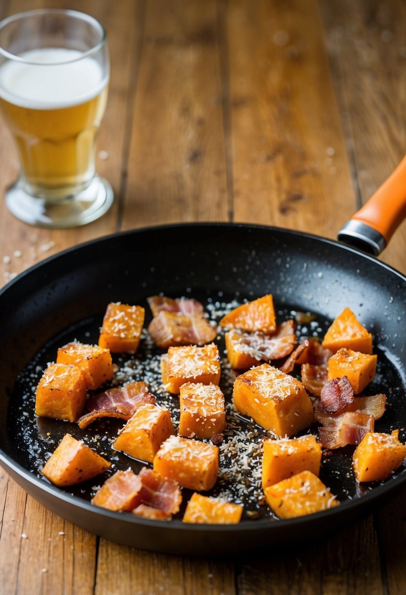 Sizzling skillet with crispy bacon and sweet potato, sprinkled with grated parmesan