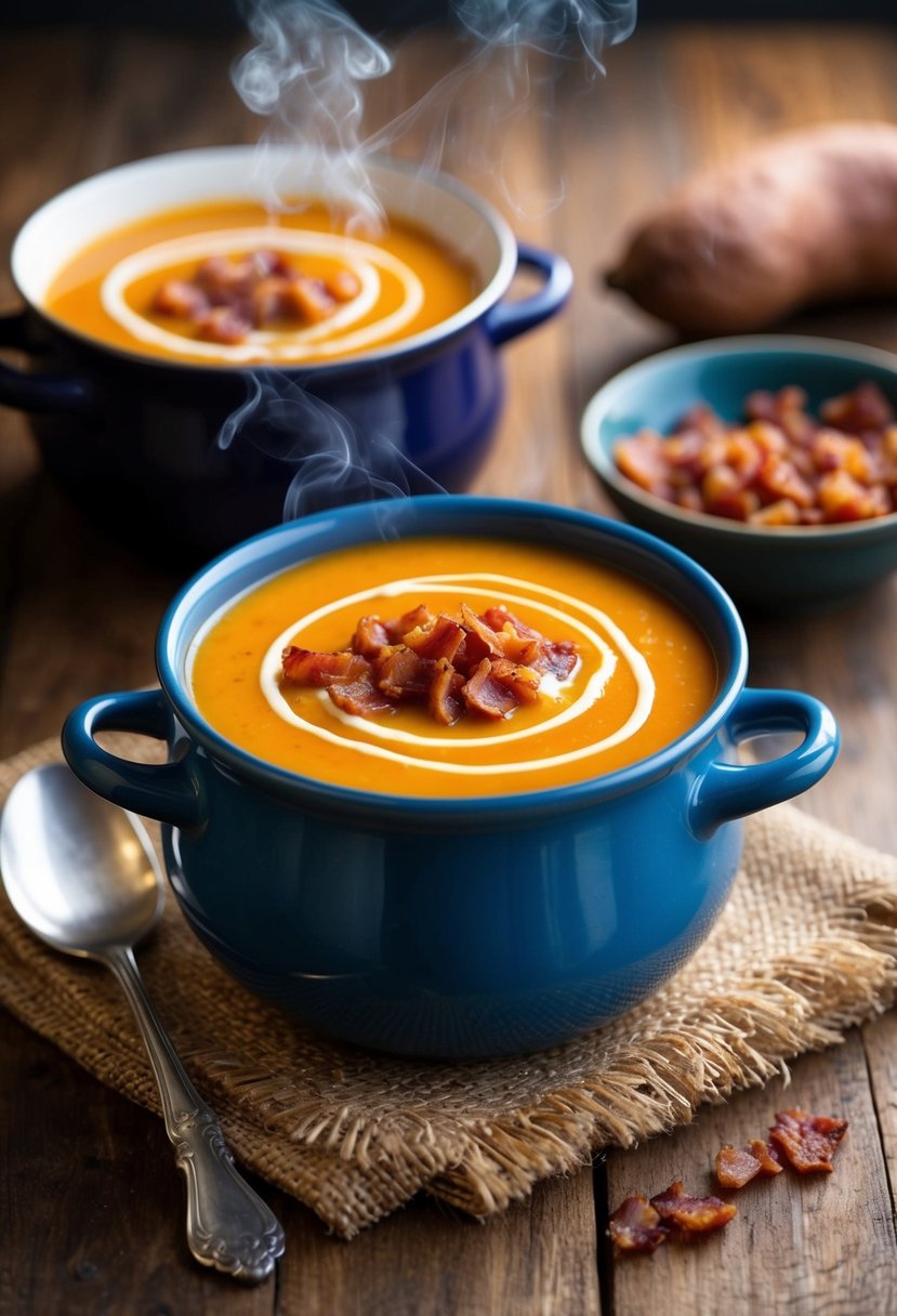 A steaming pot of sweet potato bacon soup, garnished with a drizzle of maple syrup and crispy bacon bits, sits on a rustic wooden table