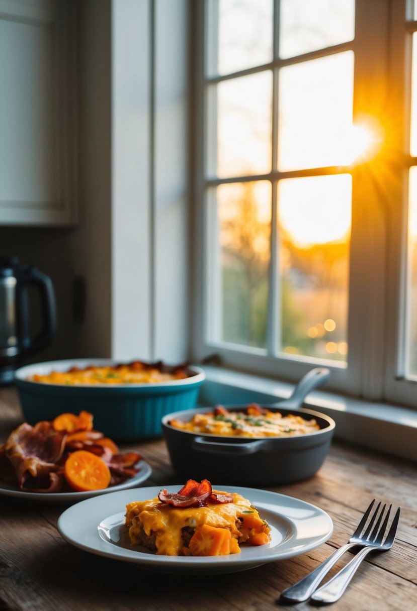 A rustic kitchen scene with a wooden table set with a cheesy sweet potato and bacon breakfast casserole alongside the ingredients of sweet potatoes and bacon. Sunrise light streams through a window